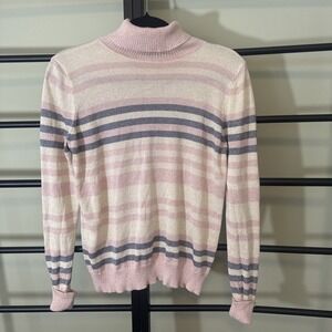 Joseph A. Sweater Womens Petite Large Pink Ivory Stripe Turtleneck Metallic NWOT